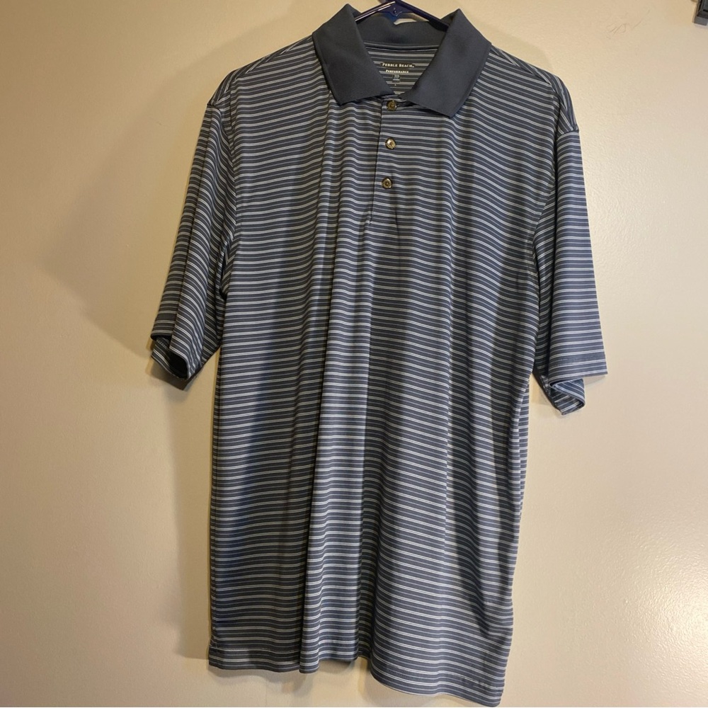 Pebble Beach Men’s Large Gray Striped Performance Golf Polo Shirt Short Sleeve